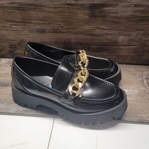 Guess Chunky Platform Loafers Womens Size 7. 5 Black Slip On Lug Sole Gold Chain